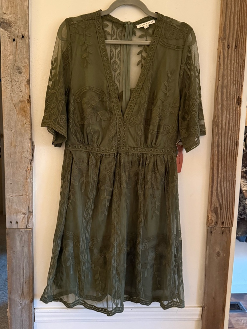 NWT Haute Monde Olive Green Embroidered V-Neck Mini Dress